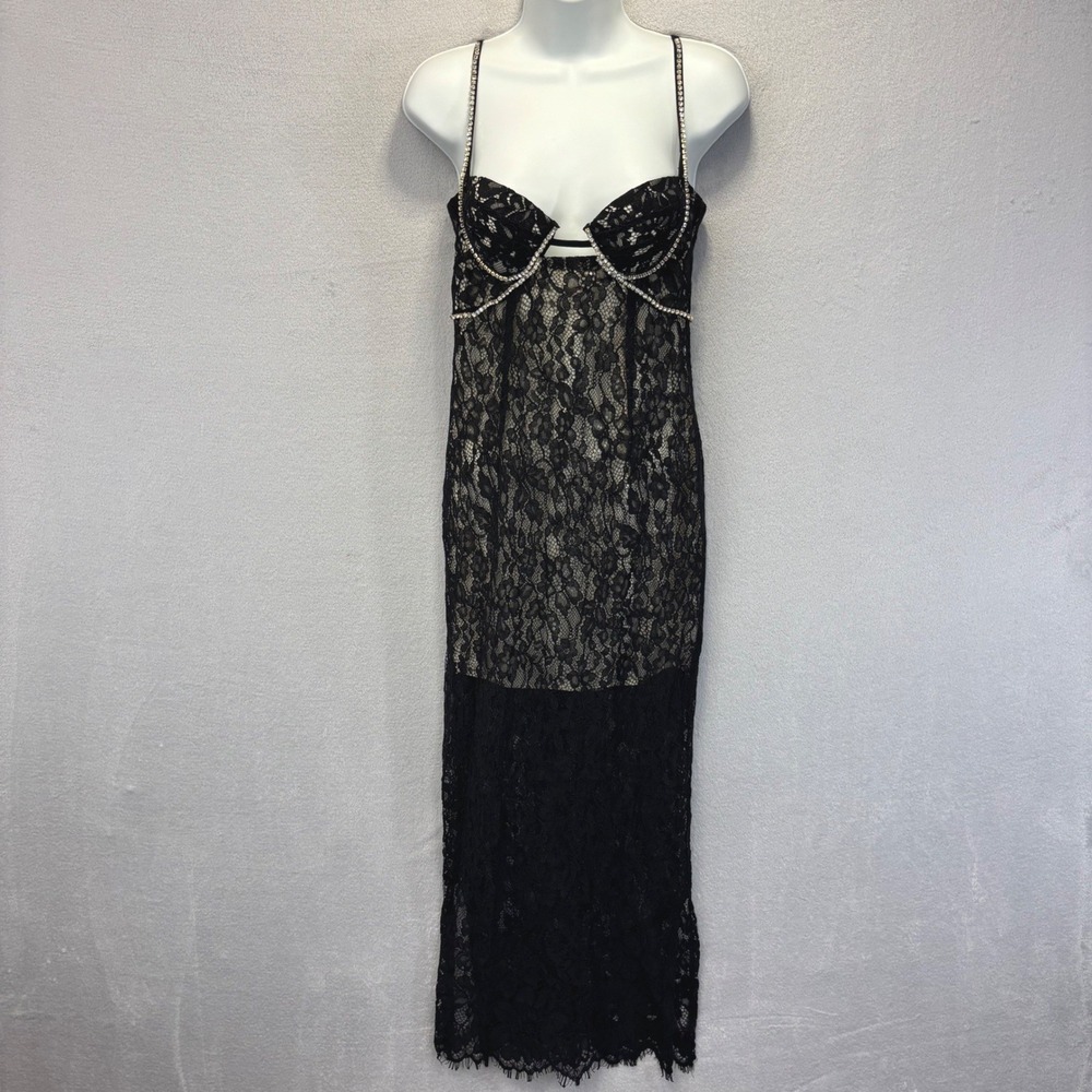 NWT Bella Barnett Lace Maxi Gown Dress Women Large Black Rhinestone Evening Glam